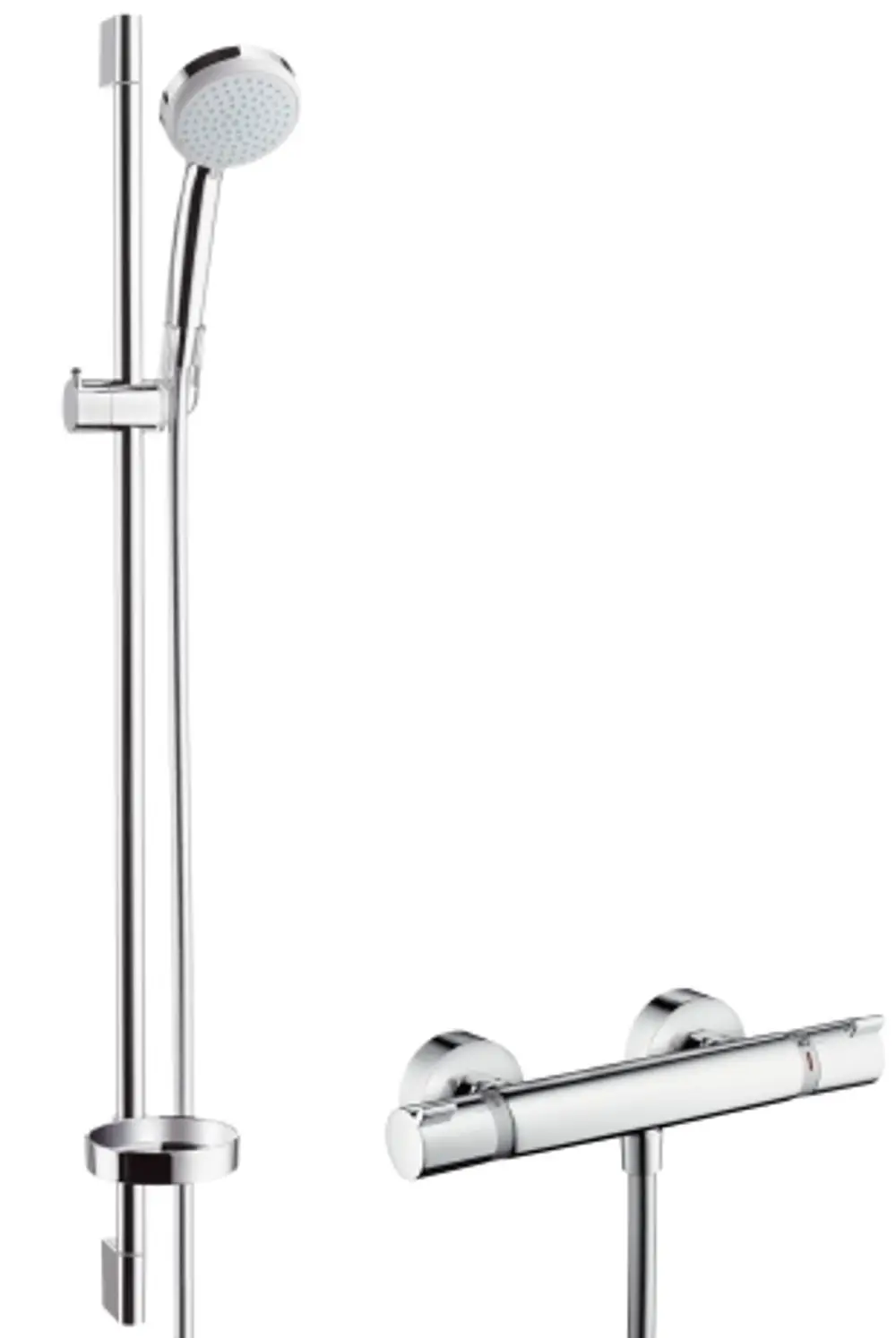 Brausesystem von Hansgrohe mit einem Thermostat und einer verstellbaren Brausestange. Schlauch und Kopfbrause sichtbar, in verchromter Ausführung.